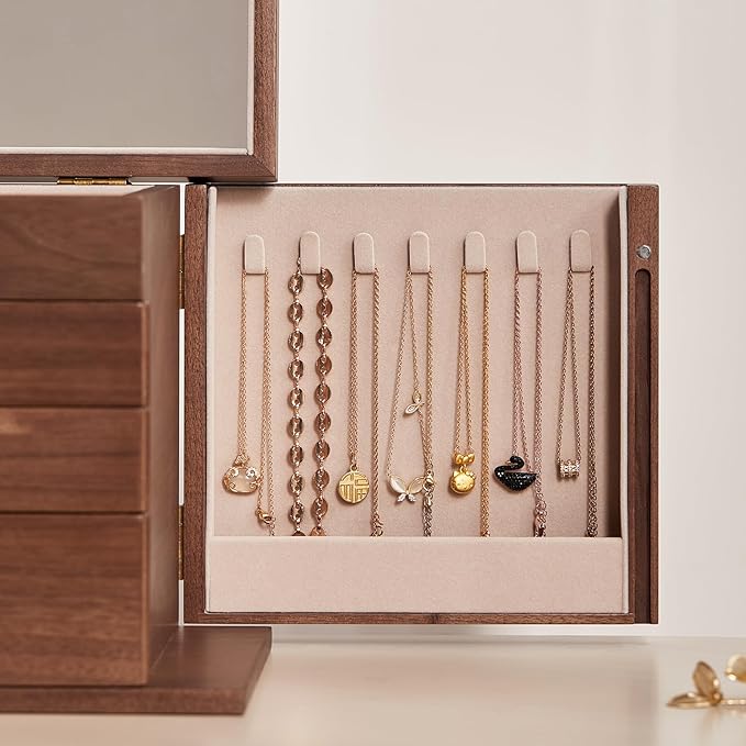 CHOSIN Black Walnut Wooden Jewelry Box, 4 Layer Lockable Wood Jewelry Organizer with Mirror, Side Doors & Brass Handle, Classical Design for Rings, Necklaces, Earrings, Mothers Day Gifts for Mom