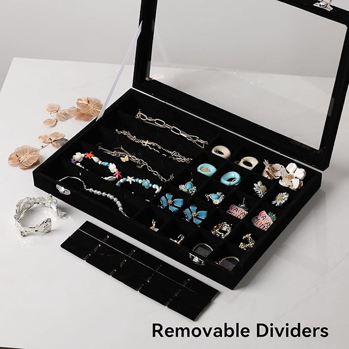 Frebeauty 40 Grid Jewelry Tray,Adjustable Earring Holder Organizer with Glass Lid,Velvet Drawer Jewelry Organizer for Rings,Studs,13.8 x 9.5 x 2 Inches Jewelry Display Box,Gift for Women(Black)