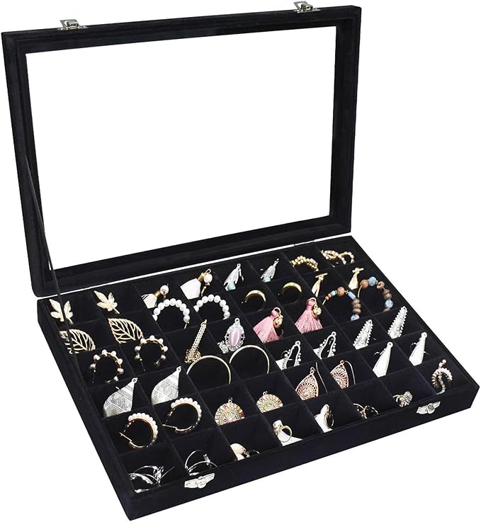 Siveit Velvet Jewelry Tray 48 Grid Jewelry Display Tray Organizer Box with Transparent Lid Rings Earrings Necklaces Pendants Display Box Suitable for Women and Girls (Black)