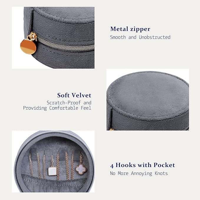 CONBOLA Travel Jewelry Case Small Jewelry Box for Women Girls,Round Velvet Mini Jewelry Travel Organizer,Portable Jewelry Box for Rings Earrings Necklaces Bracelets.(Grey,Small)