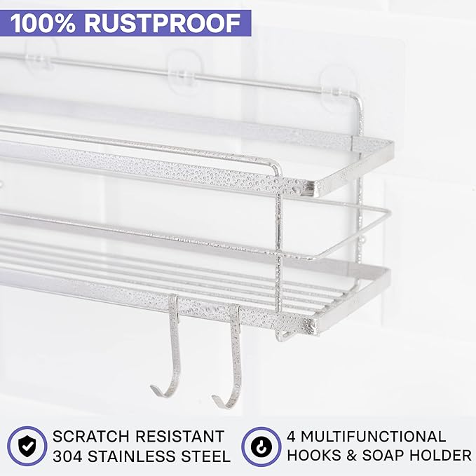 KINCMAX Premium Shower Caddy with Soap Holder, 2-Pack Adhesive Organizer, No Drill Bathroom Shelves, Rustproof Stainless Steel Shelves for Inside Shower, Storage Rack, Silver
