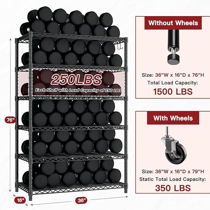 PrimeZone 6 Tier Wire Shelving with Wheels 79''H 1500lbs Storage Shelves NSF Certified Heavy Duty Steel Metal Shelf Adjustable Rolling Rack Kitchen Garage Closet Pantry Laundry 79''HX36''WX16''D 2Pcs