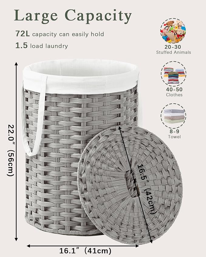 SETVSON Laundry Hamper with Lid Laundry Basket with Lid 19.0 Gal (72 L) Round Laundry Basket Handwoven Rattan Basket with Lid Removable Bag 2 Mesh Bags Handles for Living Room Bathroom Gray
