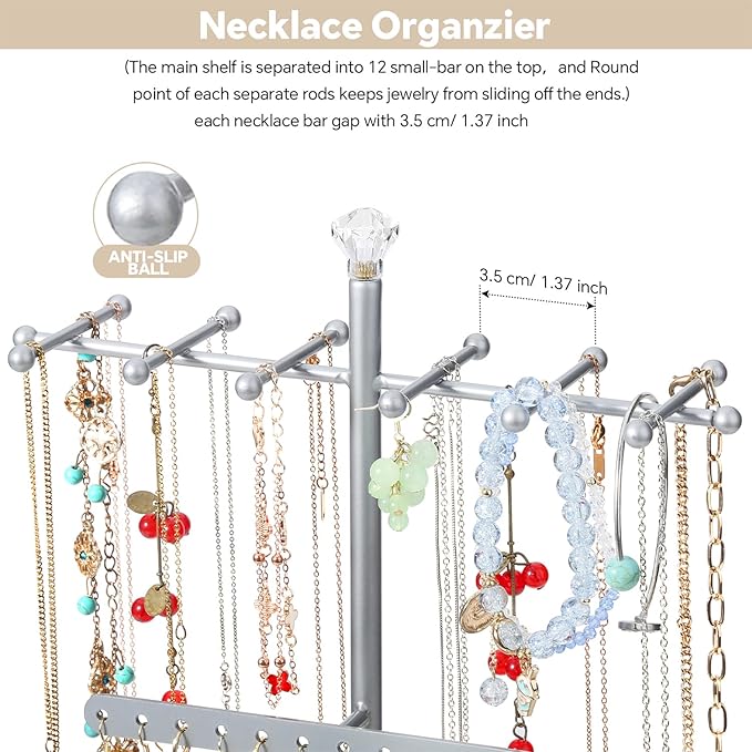 Meangood Jewelry Organizer Stand, 15.6" H Jewelry Tree Display Holder Stand for Bracelets Necklaces Earrings Rings, Gift for Women Girls (Silver)