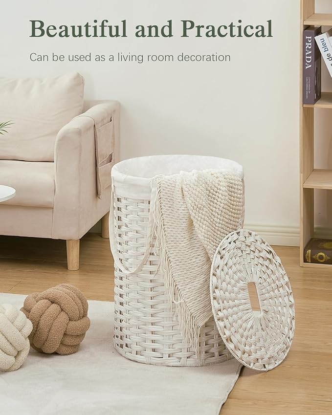 SETVSON Laundry Hamper with Lid Laundry Basket with Lid 19.0 Gal (72 L) Round Wicker Laundry Basket Handwoven Rattan Basket with Lid Removable Bag 2 Mesh Bags Handles for Living Room Bathroom White