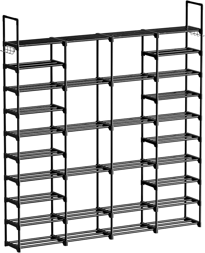 WOWLIVE 4 Row 10 Tiers Extra Large Shoe Rack Big Tall Metal Shoe Shelf, Heavy Duty Organizer for Closet Entryway, Boot Rack Storage Stackable Stand for Garage Black