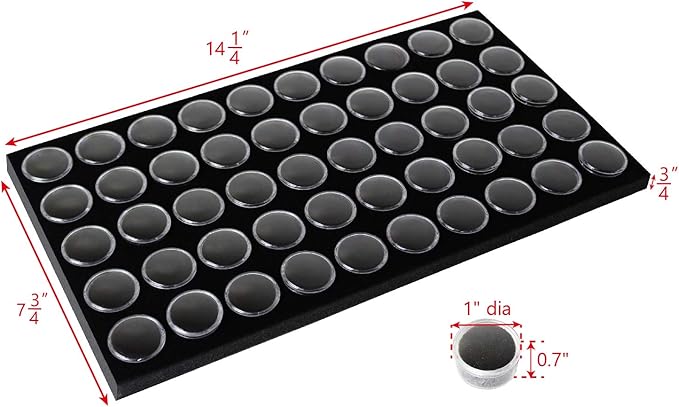 Ikee Design Jewelry Storage Tray Insert, 50 Gemstone Display Jars, Black Foam Liner, Home Organization, 14 1/4 x 7 3/4 x 3/4 in