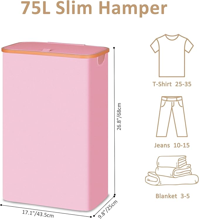 Vincona Slim Laundry Basket with Lid, Narrow Dirty Clothes Hampers for Laundry with Handle, Skinny Laundry Bin for Laundry Room, Dorm, Bedroom and Bathroom, 19.8 Gallon (75L) Pink