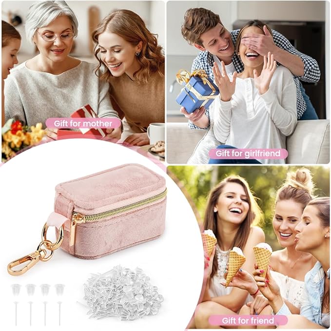 Velvet Mini Travel Jewelry Case, 2 in 1 Ring Holder Keychain + 50 Plastic Earrings, Portable Small Jewelry Organizer for Women, Travel/Gym/Wedding/Bridesmaid Gift