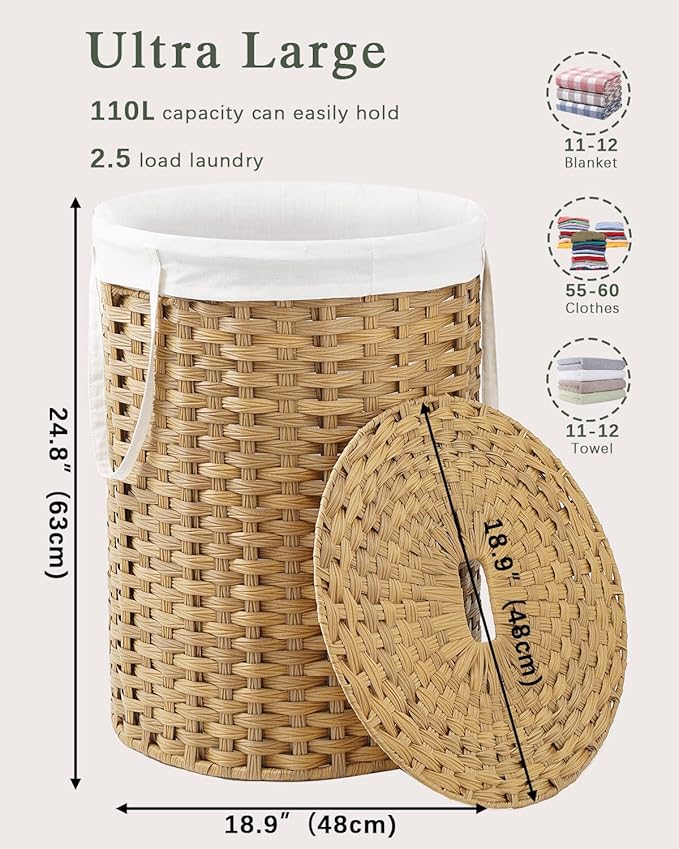 SETVSON Laundry Basket with Lid Round Rattan Laundry Hamper with Lid and Handles 29.1 Gal (110 L) Handwoven Woven Basket with Removable Bags and 2 Mesh Bags for Bathroom Living Room Natural