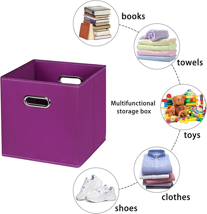Fabric storage bins Cubes, Fabric Cube Organizer with Handle, Foldable Cube Bins for Cloth or Accessary Storage, 11x11x11, Set of 6, (Purple)