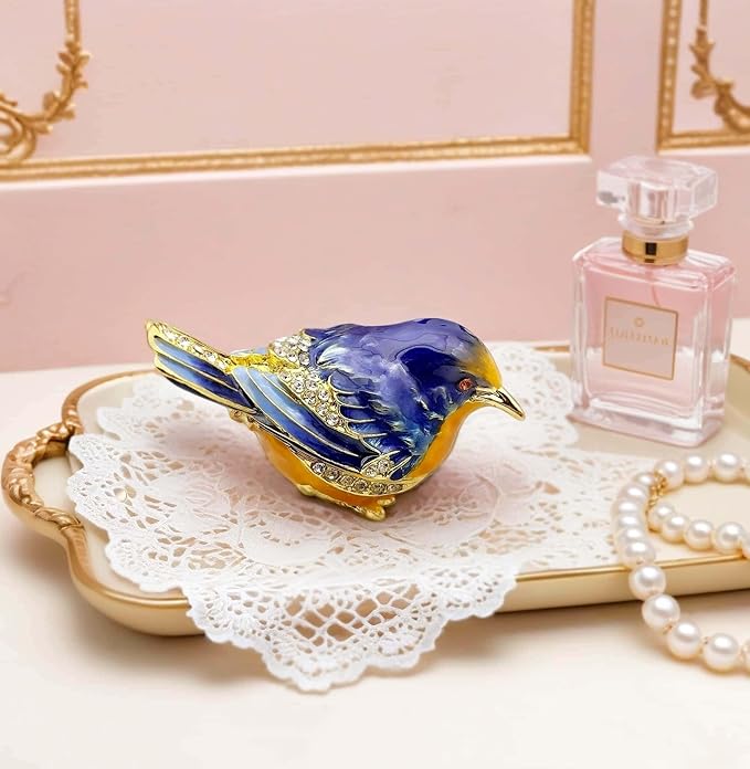 Starling Bird Trinket Boxes Hinged with Crystals Enameled Jewelry Box.Bird Lover Gifts for Women.Necklace Ring Box Earrings Storage.Collectible Bird Figurines Home Decor -Blue Yellow.