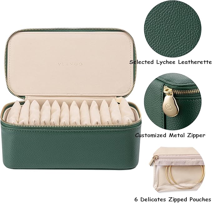 VLANDO Travel Jewelry Box Organizer – Portable PU Leather Jewelry Case with 6/8/12 Zippered Pouches, Compact Storage for Earrings Rings Necklaces Bracelets, Dark Green