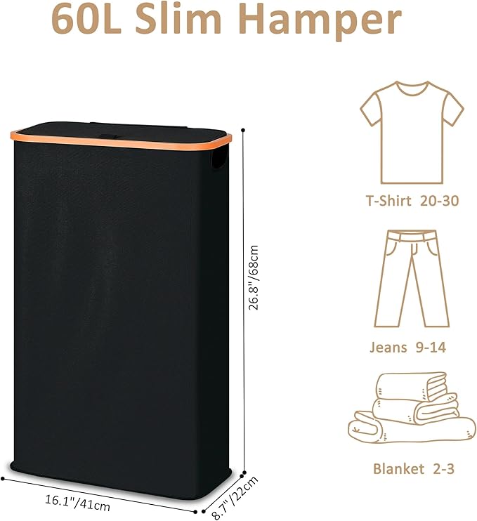 Vincona Slim Laundry Basket with Lid, Narrow Dirty Clothes Hampers for Laundry with Handle, Skinny Laundry Bin for Laundry Room, Dorm, Bedroom and Bathroom, 15.9 Gallon (60L) Black
