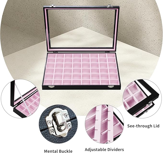 Stratalife Jewelry Organizer 48 Grid Jewelry Tray with Clear Lid Dust-proof Velvet Earring Organizer Necklace Rings Holder Display Drawer Storage Case for Women Pink Black