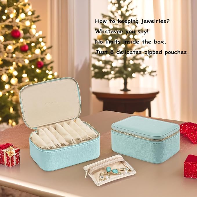 VLANDO Travel Jewelry Box Organizer – Portable PU Leather Jewelry Case with 6/8/12 Zippered Pouches, Compact Storage for Earrings Rings Necklaces Bracelets, Aqua Blue