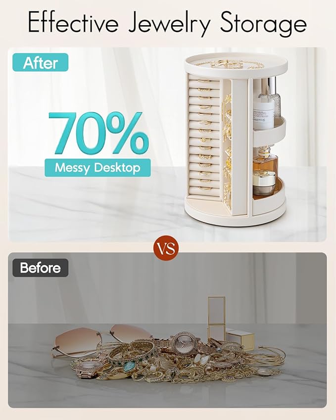 VLANDO 360°Rotating Jewelry Box,Earring Organizer Large Vertical Jewelry Organizer with 6 Necklace Hooks, Open Ring Display Storage for Women - Cream White