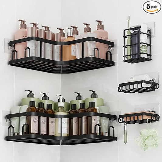 Veken Corner Shower Caddy 5-Pack, Advanced Rustproof Design, No Drilling Adhesive Shelves, Rack with Soap Holder, Bathroom Organizers and Storage, Wall-Mounted Kitchen&Home Decor,Black,Gifts for Mom