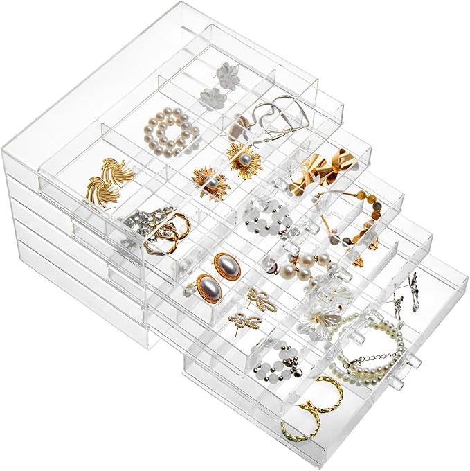 YUFONG Earring Storage Box Organizer 5 Drawers Jewelry Organizer Acrylic Jewelry Storage Box Holder Compartment Transparent Display Storage Case Gift for Women Girls (30 Girds)