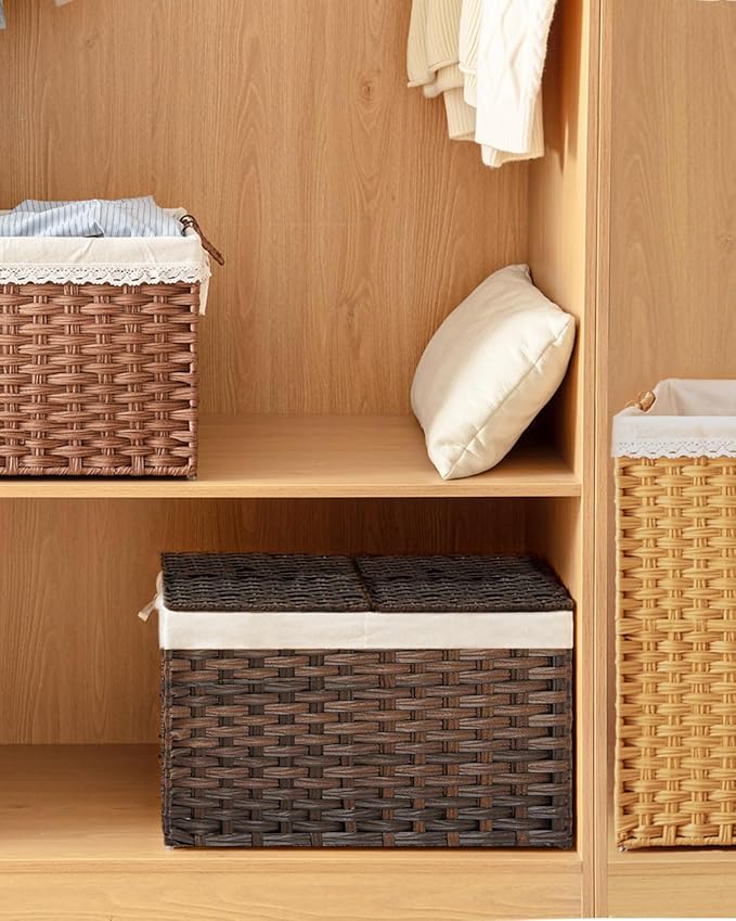 SETVSON Storage Basket with Lid Rattan Woven Storage Baskets with 2 Separate Lids, 17.2 Gallon (65 L), 22 x 13 x 13.8 Inches,Foldable, 2 Removable Liner Bags Handles for Bedroom, Laundry Room Brown