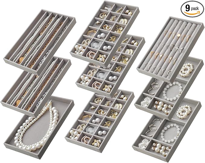 SPAKOWN Jewelry Drawer Organizer Inserts Set of 9, Velvet Jewelry Trays for Drawers, Storage for Earring, Ring, Necklace, Watch, Bracelet (Grey)