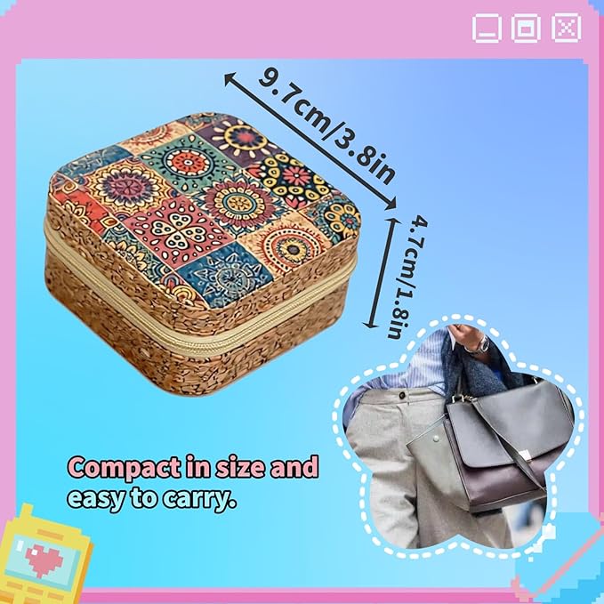Retro Cork Jewelry Box with Bohemian Patterns for Storing Rings, Necklaces and Earrings During Travel, Soft Velvet Interior, 3.8x3.8x1.8 Inches