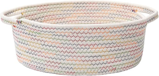 JMvicyroam Woven Basket,Small Rope Storage Bin with Handles & Ribbon Bag, Organizer for Shelves Closets,Gift Basket Empty for Birthday,Books,Dog Toys, Colorful