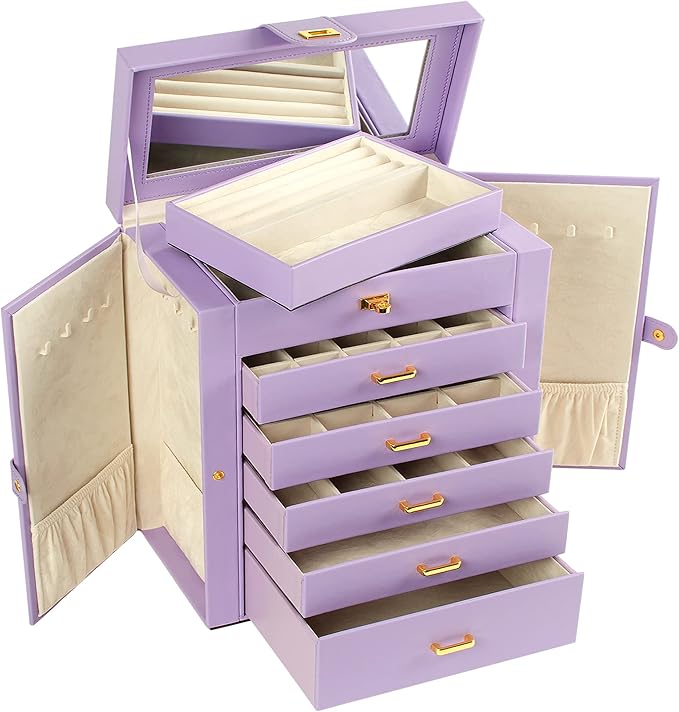 AKOZLIN Large Jewelry Box Organizer Functional with Big Mirror, Leather Jewelry Storage Case for Women Girls Ring Necklace Earring Bracelet Holder Organizer Violet