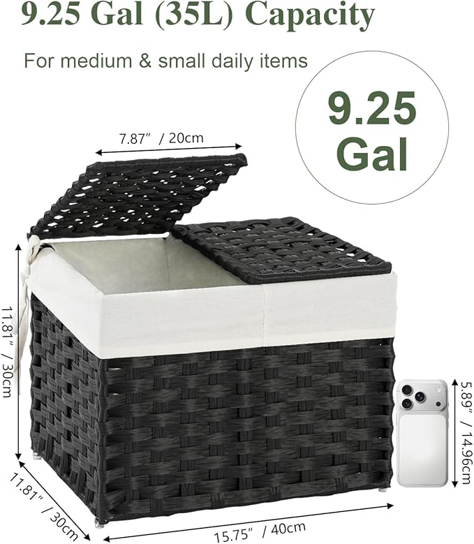 SETVSON Storage Basket with Lid Woven Wicker Baskets with 2 Separate Lid, 9.2 Gallon (35 L) Wicker Storage Bins with Handles, Foldable and 2 Removable Liner Bags for Bedroom, Laundry Room Black