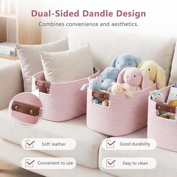 ECDYQXVU Cotton Rope Basket, Storage Baskets with Handle, 15x10x9 Inch Woven Basket for Shelves, Laundry, Towels, Clothes, Books (Light/Pink 2Pack)