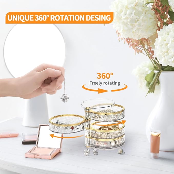 LETURE 4-Layers Rotatable Jewelry Organizer Storage Box, Clear Jewelry Holder Case for Ring Earring Necklaces Bracelets Makeup Hair Accessories