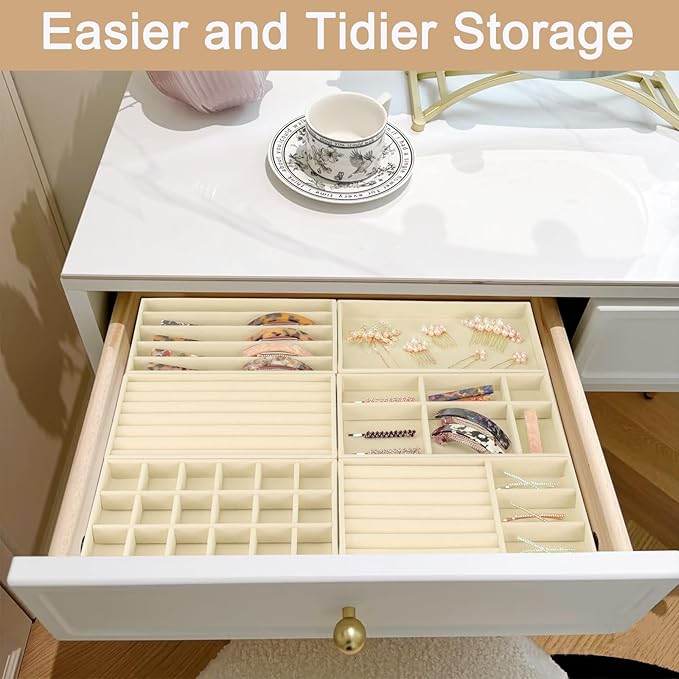 12Pcs Velvet Stackable Jewelry Trays, Jewelry Drawer Organizer, Large Removable Display Jewelry Tray, Necklace Bracelet Storage Box for Earring, Ring, Brooch, Watch (Beige)