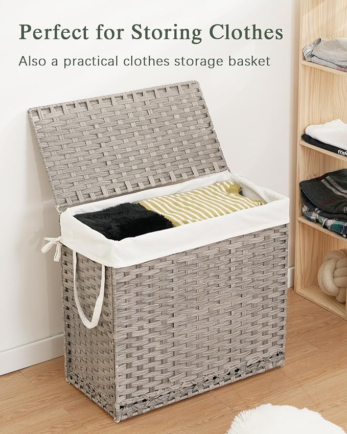 SETVSON Laundry Hamper with Lid Laundry Basket 132 L (35 Gal) Wicker Clothes Hamper, Handwoven Rattan Hamper with Handles and 4 Removable Liner Bags, 6 Mesh Bags for Laundry Bedroom Gray
