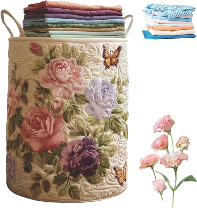 Aiorrax Quilted Laundry Basket with Handles, Boho Floral Fabric Storage Hamper, Large Soft Quilted Laundry Basket for Nursery, Bedroom, Laundry Room,Clothes & Toys (B, S)