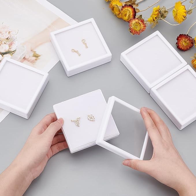 BENECREAT 6Pcs White Plastic Boxes with Sponge Inside Gift Boxes Clear Window Presentation 3.5"x3.5"x1" for Jewelry Birthday, Mother's Day Festival Gift Packing