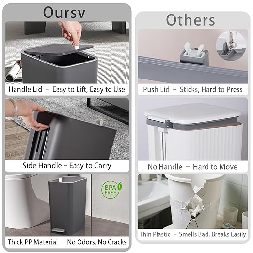 rejomiik Small Bathroom Trash Can with Lid, 3.2 Gallon Step Garbage Can with Handle, Slim Mini Wastebasket Bin for Bedroom, Office, Dorm, Dark Gray
