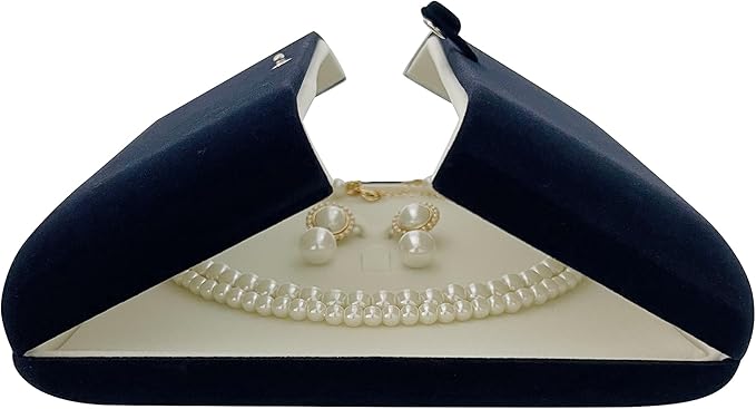 Navy Blue Velvet Jewelry Box for Large Necklace and Earrings Set Luxury Presentation Case for Pearl Strand Necklaces, Statement Jewelry, Button Clip Closure, Arc, Cream Velvet Interior, Gift Box