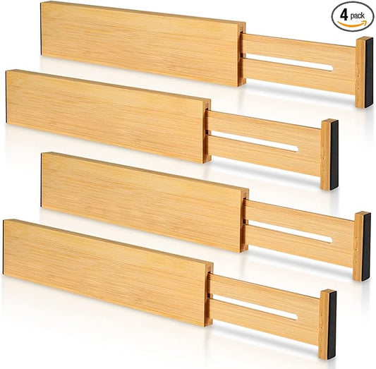 4 Pack Bamboo Drawer Dividers 2.6" High, Adjustable Length from 12 Inch to 17 Inch, Expandable Kitchen Drawer Organizer Separators for Clothes, Kitchen, Bedroom, Dresser, Office (Beige)