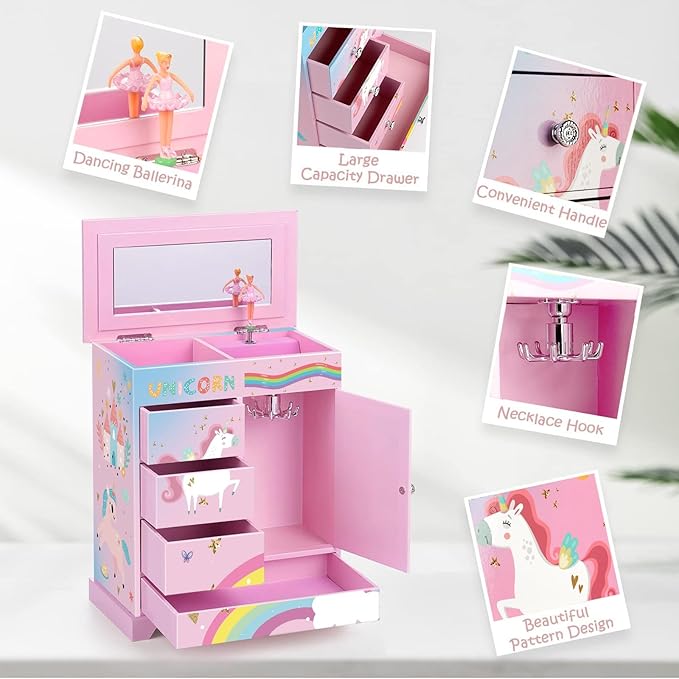 Large Jewelry Box for Girls 5-Layer Music Box with Spinning Ballerina Unicorn Necklace & Bracelet Set Kids Jewelry Organizer Birthday Christmas Gift for 5-8 Year Old Girls(Pink&Blue)