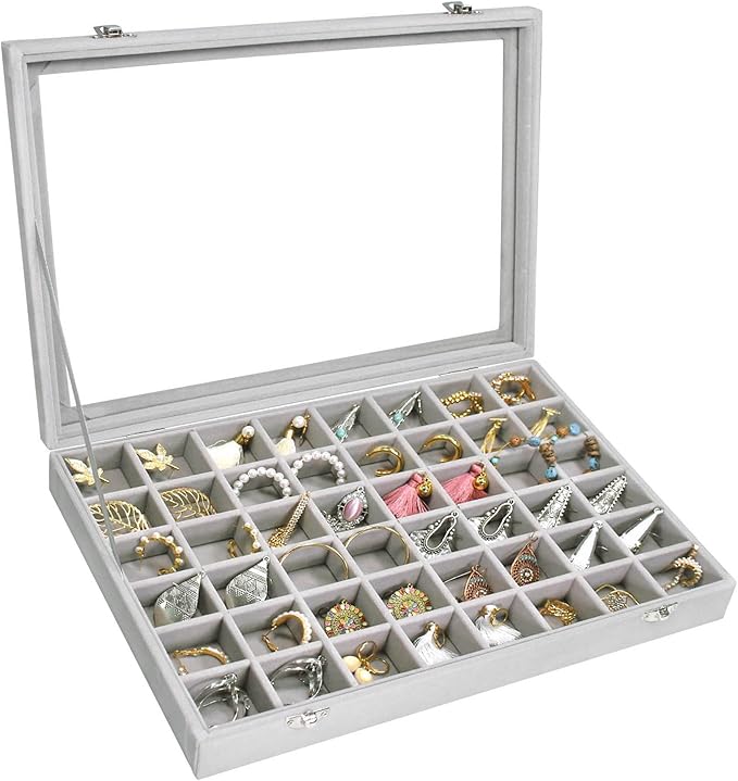 Siveit Velvet Jewelry Tray 48 Grid Jewelry Display Tray Organizer Box with Transparent Lid Rings Earrings Necklaces Pendants Display Box Suitable for Women and Girls (Grey)