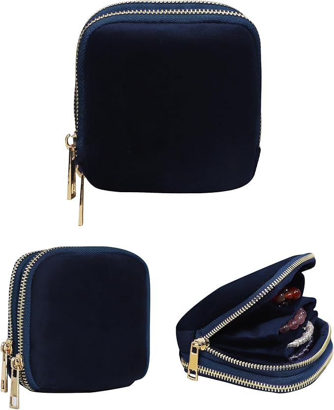 Stratalife Travel Jewelry Case Organizer 2-Layer Compact Storage Bag for Rings Earrings Necklace Bracelet Portable Velvet Jewelry Pouch with Zippers Travel Essential Gift for Women Navy Blue