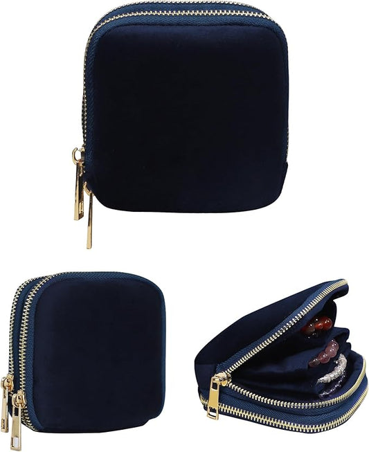 Stratalife Travel Jewelry Case Organizer 2-Layer Compact Storage Bag for Rings Earrings Necklace Bracelet Portable Velvet Jewelry Pouch with Zippers Travel Essential Gift for Women Navy Blue