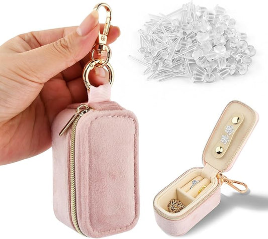 Velvet Mini Travel Jewelry Case, 2 in 1 Ring Holder Keychain + 50 Plastic Earrings, Portable Small Jewelry Organizer for Women, Travel/Gym/Wedding/Bridesmaid Gift