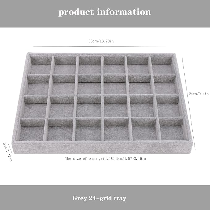 Large Velvet Jewelry Tray, Drawer Organizer for Jewelry in Dresser, Stackable Jewelry Drawer Organizer Inserts for Earring Necklace Bracelet Rings(Grey,24grid)
