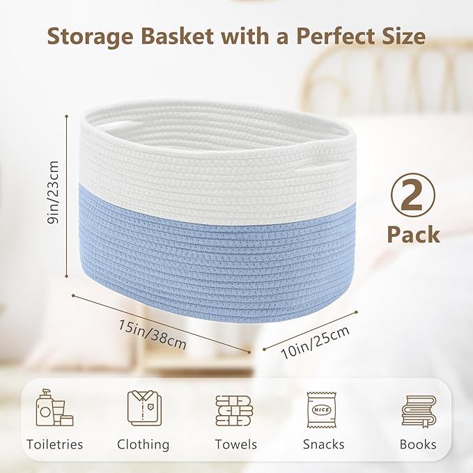 ECDYQXVU Cotton Rope Storage Basket, 15x10x9 Inches, Woven Basket for Shelves, Clothes, Towels, Books, and Laundry, White Blue (2 Pack)