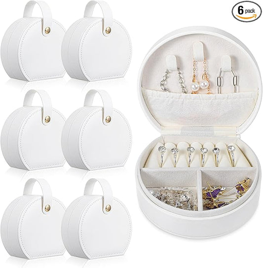 6 Pack Travel Jewelry Case, Mini Leather Bridesmaid Jewelry Gift Box Bulk, Half Moon Design, Detachable Handle, Small Earring Storage Organizer for Women Girls Bridesmaid Proposal Gifts (White)