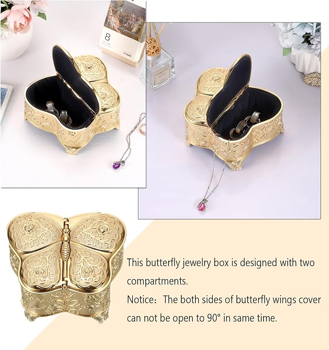 Hipiwe Jewelry Box Vintage Treasure Chest Butterfly Shape Decorative Keepsake Holder for Necklace Ring Earrings Storage Organizer Gift for Woman, Large