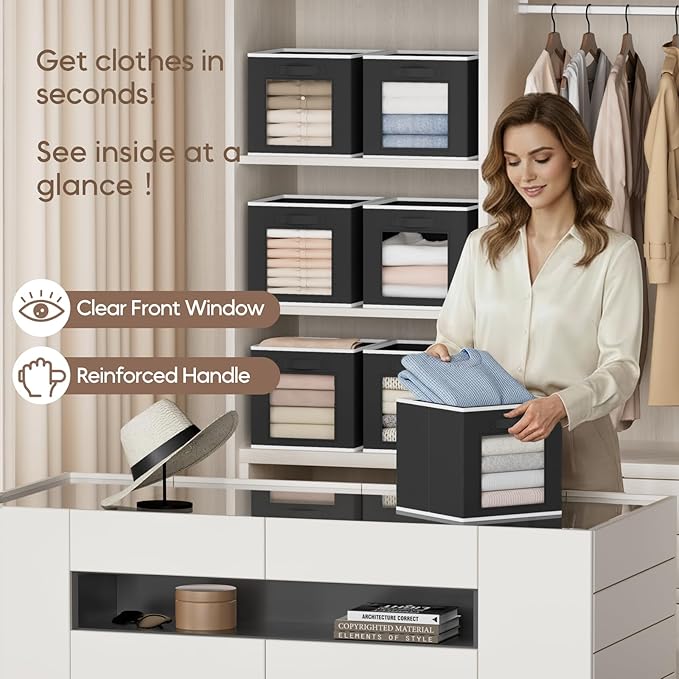 Homsorout Foldable Storage Cubes - Square Organizer with Window, Decorative Baskets for Organizing, Fabric shelf Basket for Clothes, 11 Inch Closet Storage Cubes, Set of 16, Black