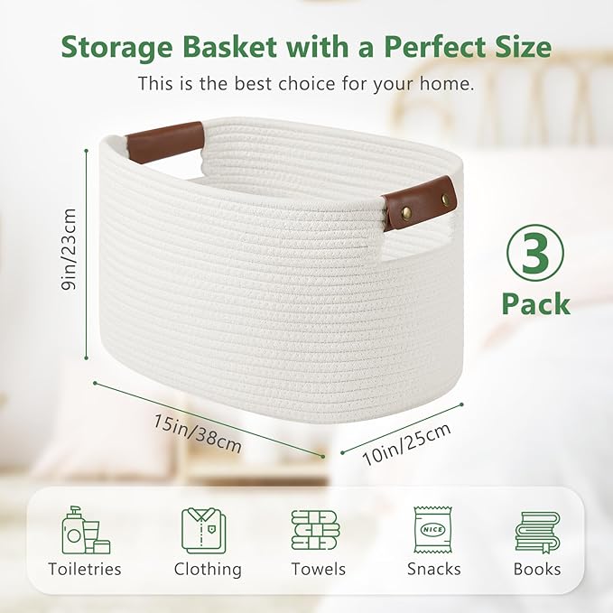 ECDYQXVU Cotton Rope Basket, Storage Baskets with Handle, 15x10x9 Inch Woven Basket for Shelves, Laundry, Towels, Clothes, Books (White 3Pack)