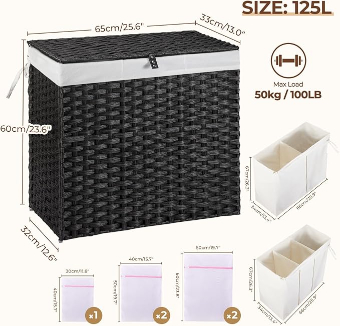 Greenstell Laundry Hamper with Lid, 125L Wicker Laundry Baskets with 2 Removable Liner Bags & 5 Mesh Laundry Bags, Handwoven Rattan Clothes Hamper with Handles for Clothes in Bathroom, Bedroom